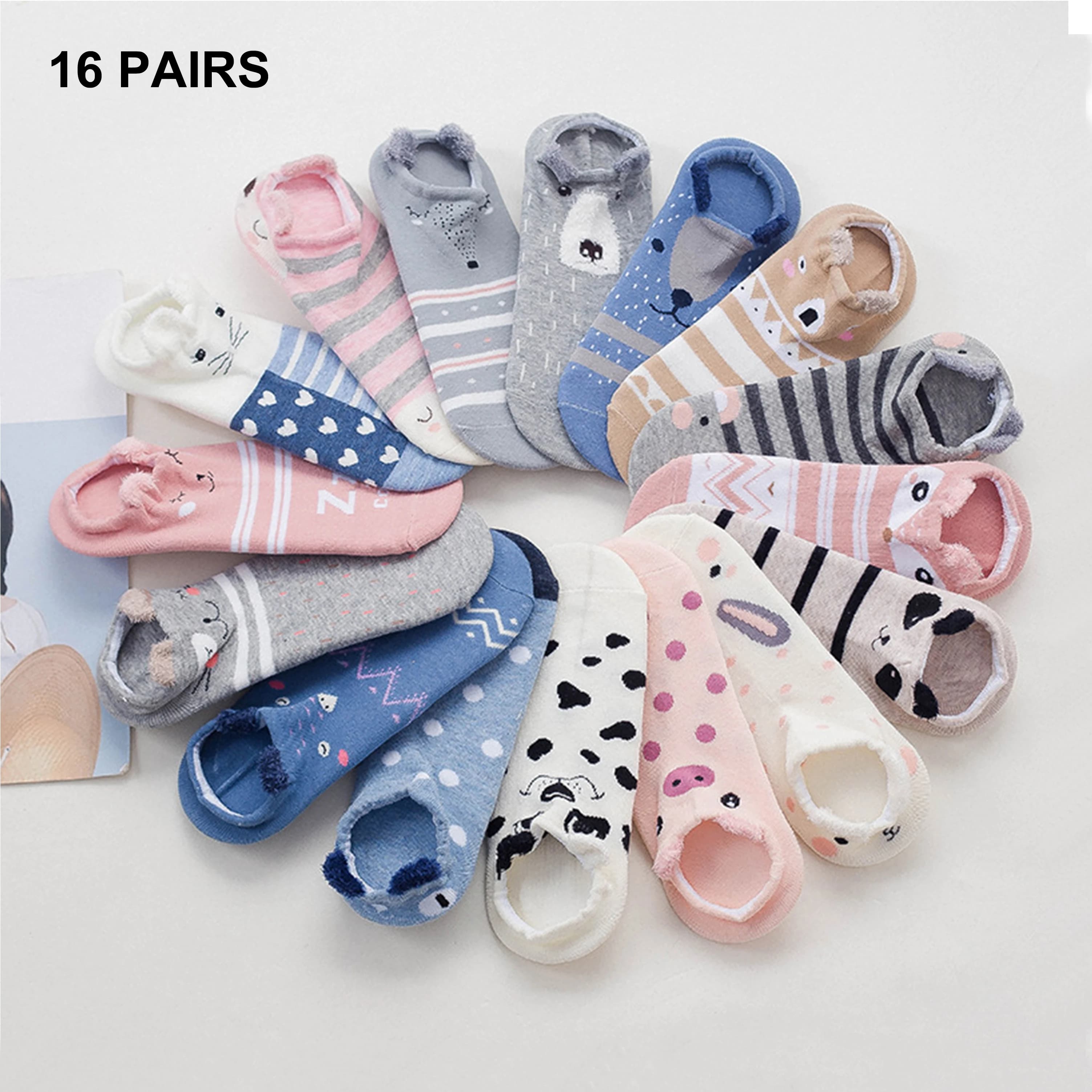 16 pairs of women's cotton socks with cute animal ears, summer short socks for dogs and cats Kawaii, socks for girl US5-9