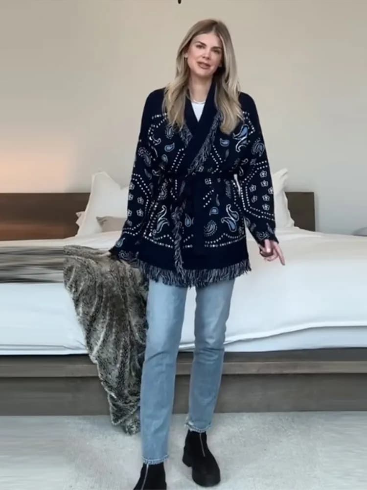 2026 Autumn Winter Elegant Print Tassel Cardigan Women Belt V-neck Long Sleeve Loose Knitted Sweaters Female Chic Knitwears New