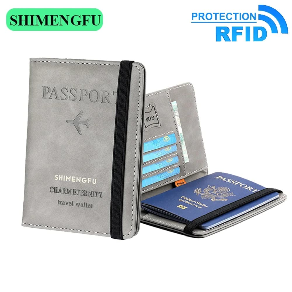 Porta Passaporto in Pelle con Protezione RFID, Porta Carte e Documenti da Viaggio, Organizer per Passaporti con Fascia Elastica per Uomo e Donna