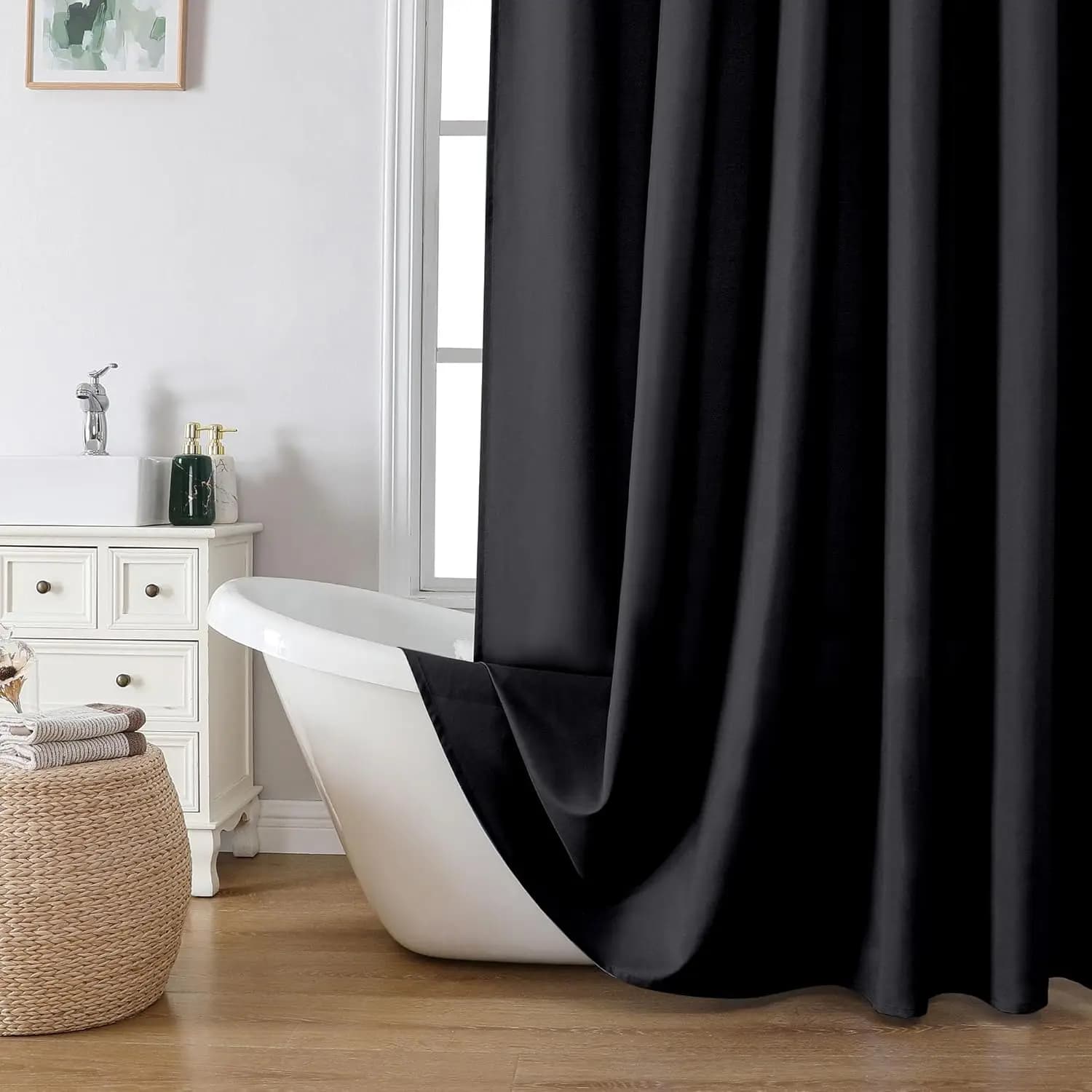 Tenda da Doccia in Tessuto Nero Solido - Idrorepellente, Lavabile in Lavatrice, 72x72 con 12 Ganci