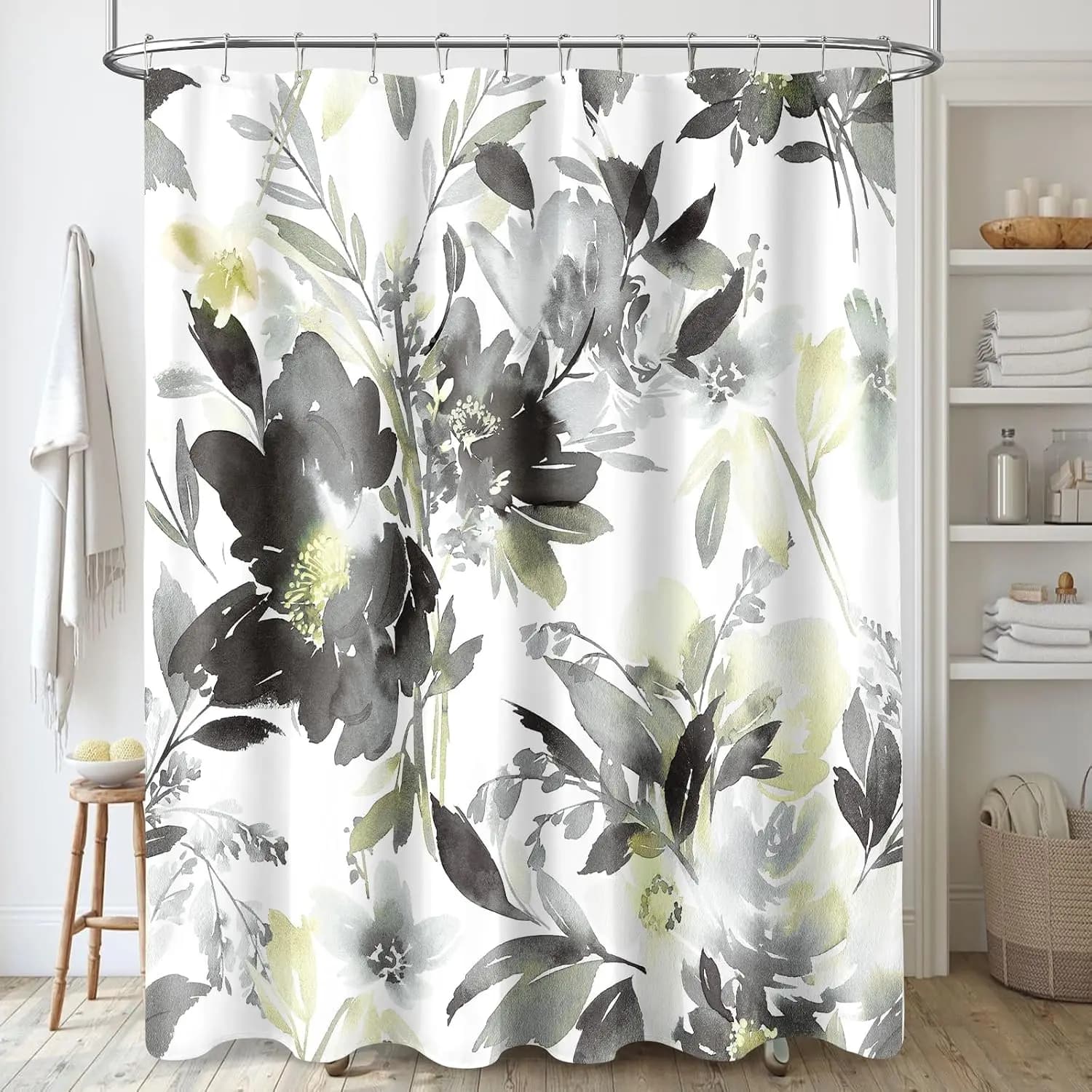 Tenda da doccia floreale malva, tenda da doccia con fiori acquerello per bagno, tenda da doccia moderna in tessuto decorativo con inchiostro astratto