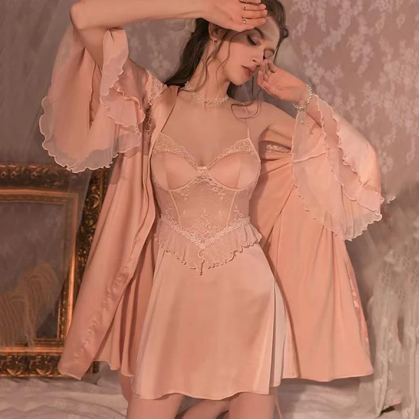 Women's Sexy Kimono Bathrobe Night Dress Pink Patchwork Lace Bridal Dress Night Shirt Set Summer Silk Dress
