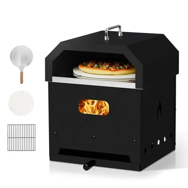 4-in-1 Outdoor Pizza Oven & Grill, Wood-Fired Detachable Oven with 12" Cordierite Pizza Stone, Portable for Backyard, Camping, a