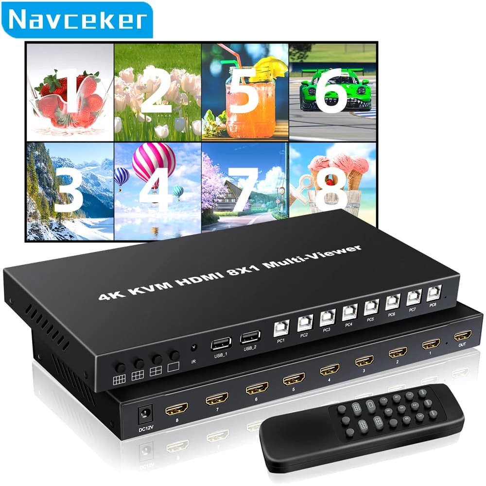 4K HDMI-compatibile KVM Multiviewer Switch 8 In 1 Out 1080P Quad Screen Multi Viewer HDMI Multi-Viewer Switcher senza cuciture con IR