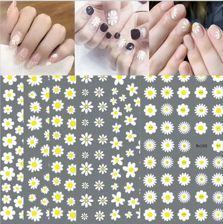 Adesivi per unghie con fiori margherita bianca Piccole foglie floreali estive Decorazioni per nail art con girasole Decalcomanie per manicure con cursore autoadesivo