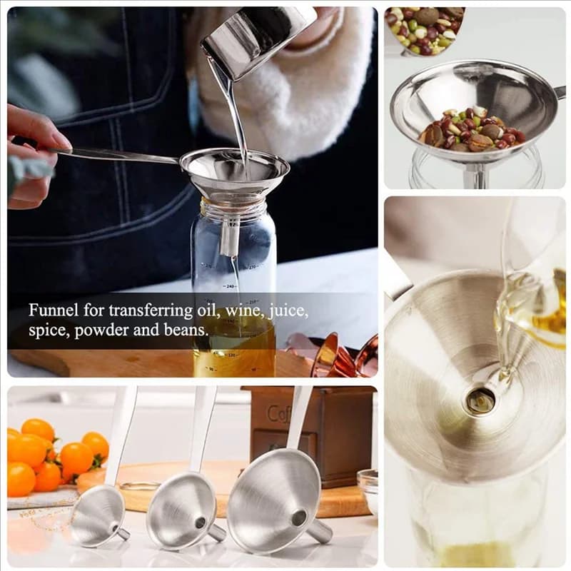 MCGS-6X Imbuti 3 in 1 per il riempimento di bottiglie Set di piccoli imbuti da cucina in acciaio inossidabile per il trasferimento di oli essenziali liquidi