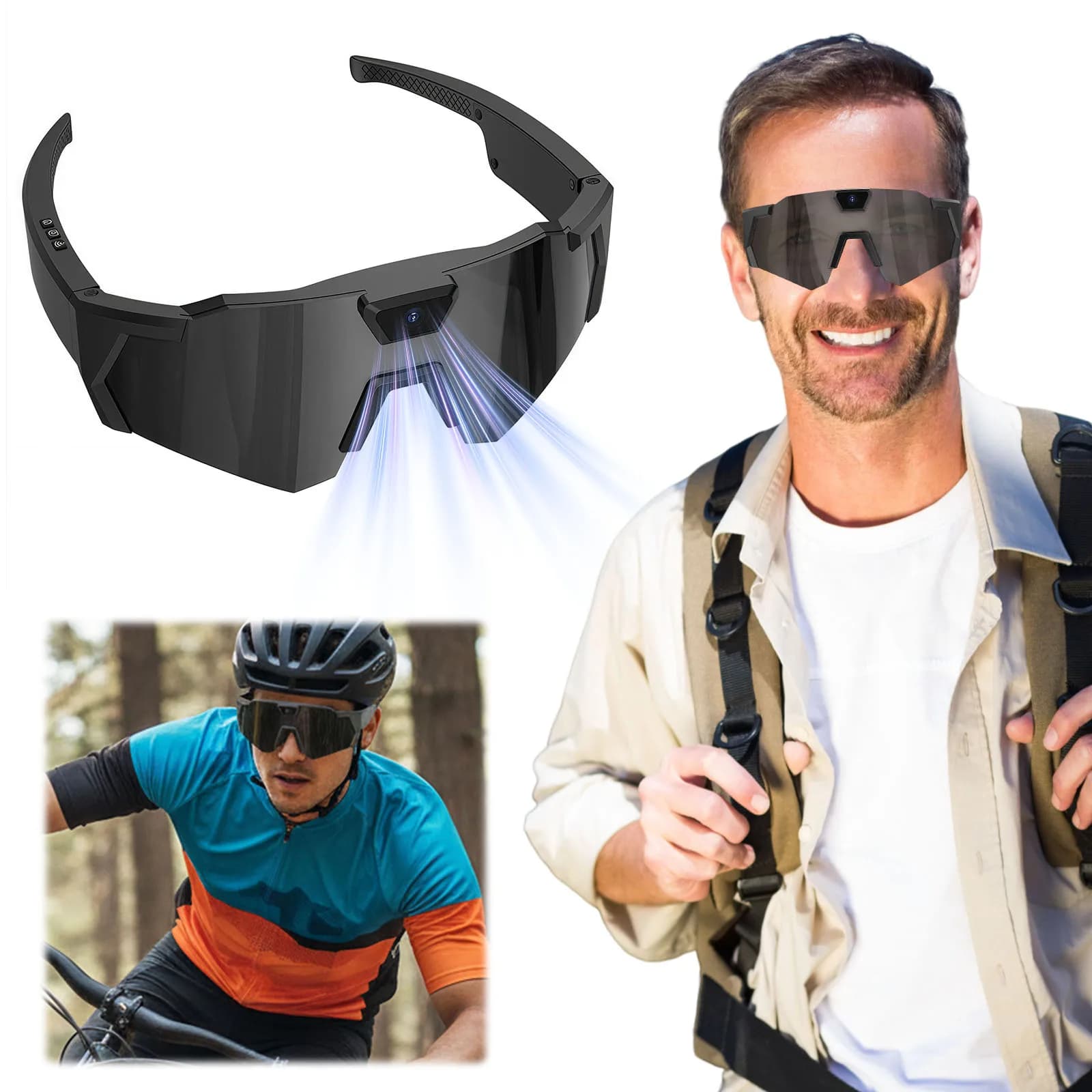 Cycling Glasses with HD 1080P Video Recording, 64G ROM, Wearable Sports Glasses Suitable for Men and Women