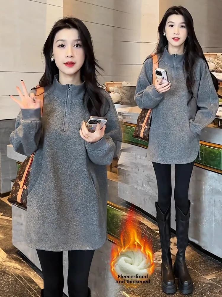 Women's Fleece Lined Thickened Hoodie Small Size Loose Fit Fashionable Autumn Winter New Style Slimming Base Shirt Top