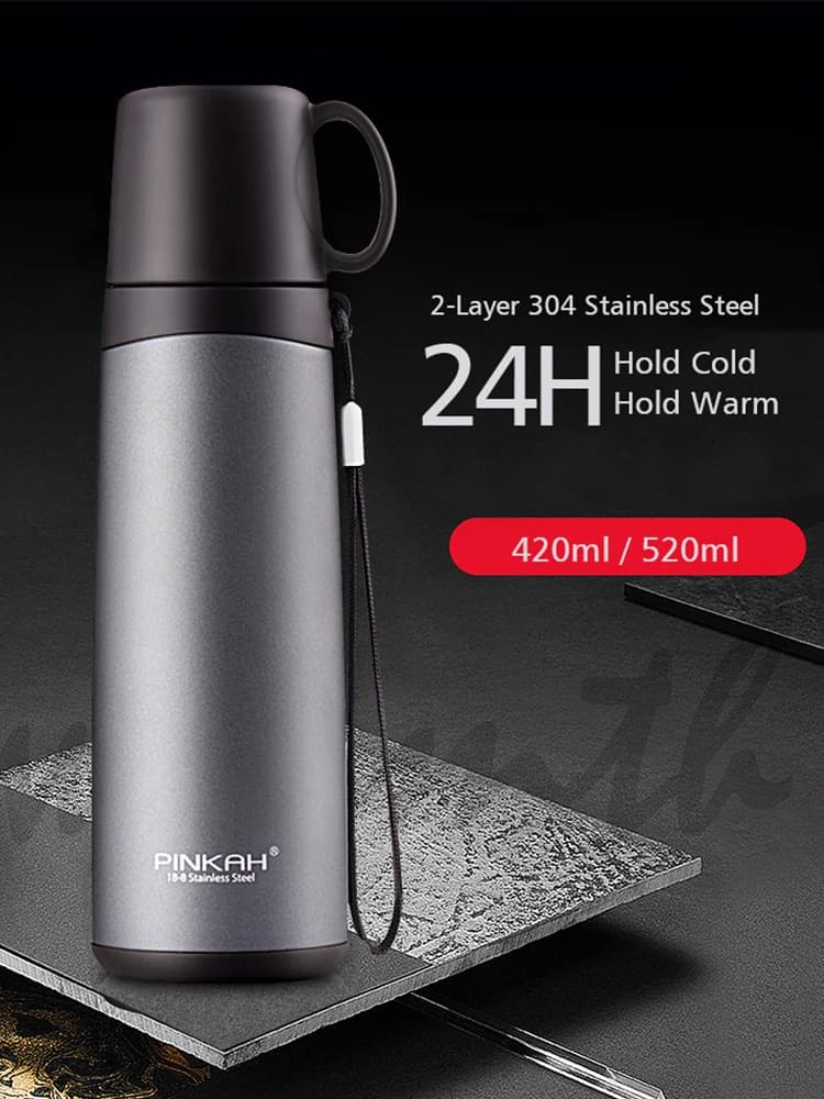 Boccetta sottovuoto a tenuta stagna sigillata portatile PINKAH con coperchio a tazza per guinzaglio bottiglia per acqua calda per auto all'aperto tazza per acqua regalo 420ml e 520ml