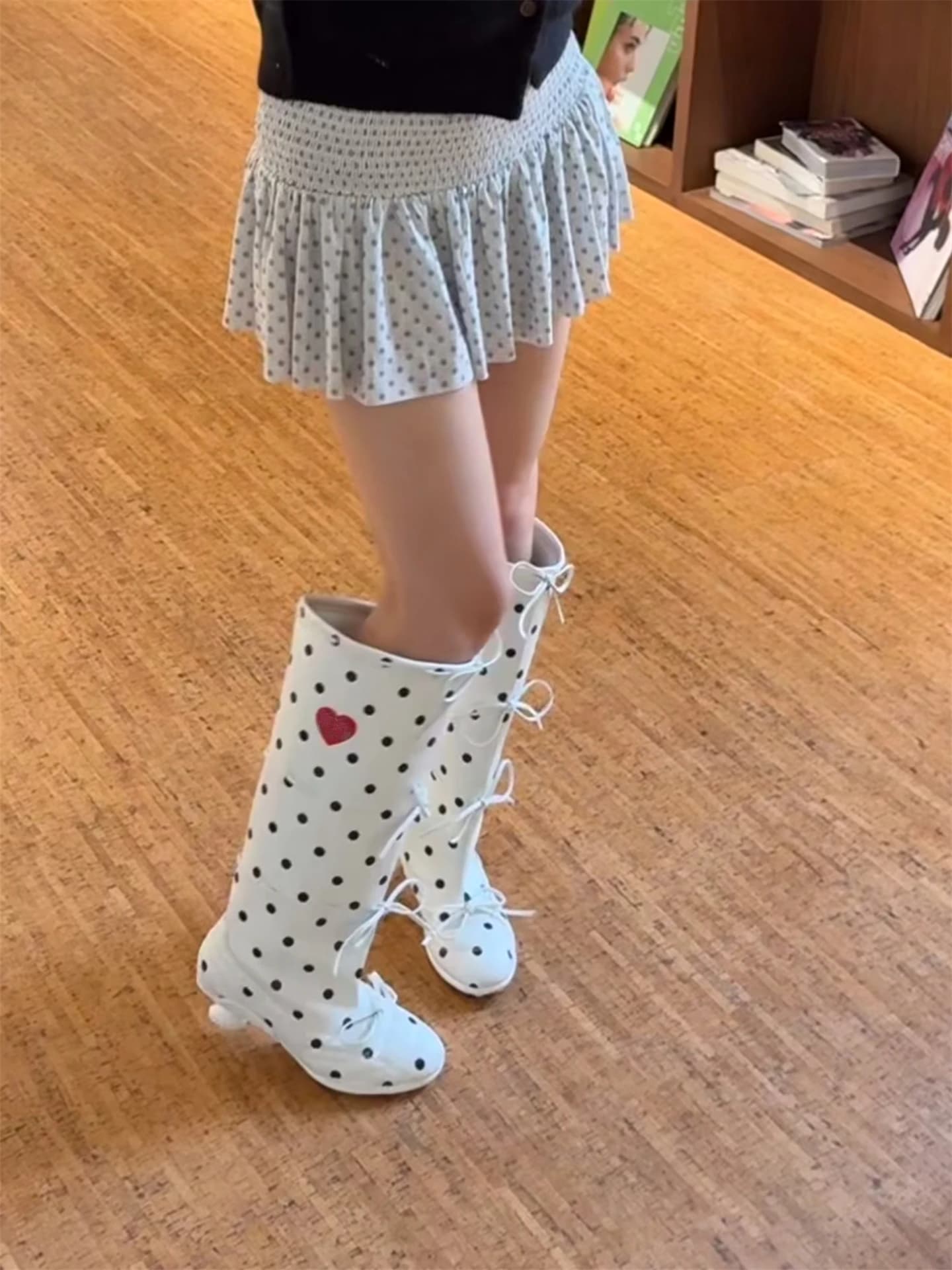 Korean Style Polka Dot Ballet Tie Knot Long Tube Boots High Heel Fashion Boots Women's Slip on Booties round Toe