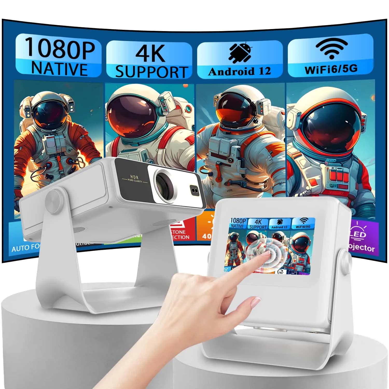 Proiettore cinematografico Netflix Touchscreen da 7'', Keystone automatico 4K 1080P - Display da 30-300'', sincronizzazione wireless, altoparlante Bluetooth, gam da ufficio