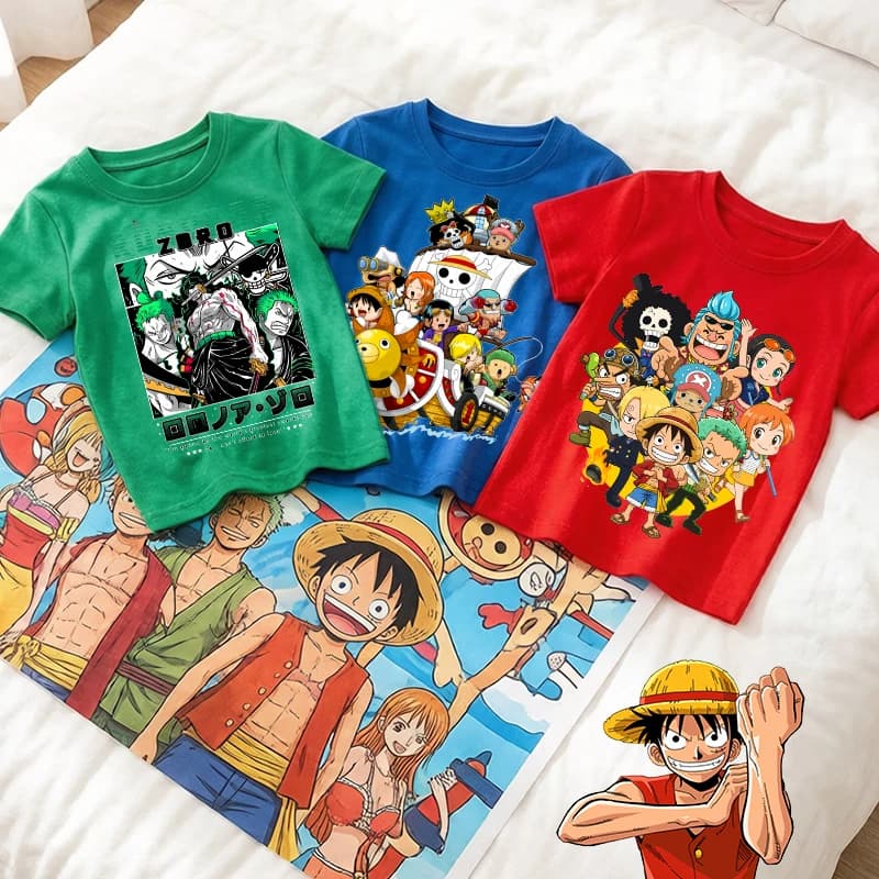 One Piece Anime Zoro-Luffy-Boys, cute and cool shirts for kids, casual streetwear, short sleeves, children's cotton clothing