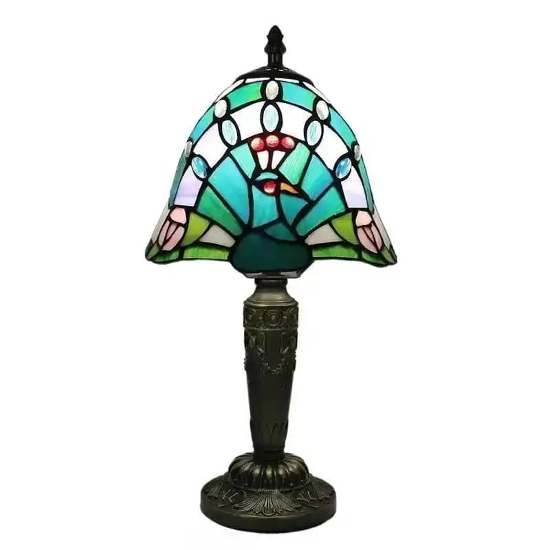 Tiffany Table Lamp with Glass Shade Colored in Pattern of Peacock and Flowers, 8 Inches