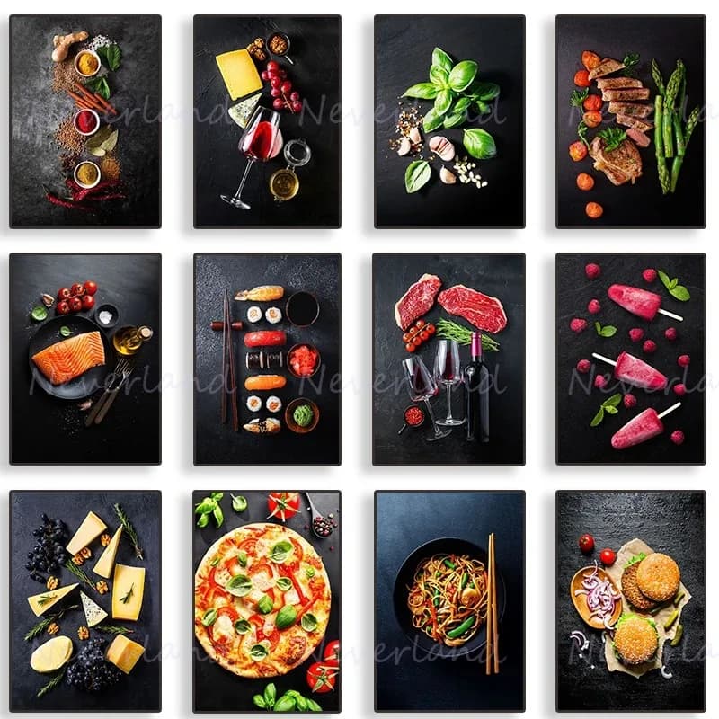 Salmon Beef Steak Chicken Sushi Croissant Food Posters Canvas Painting Prints Wall Art Picture for Kitchen Restaurant Wall De