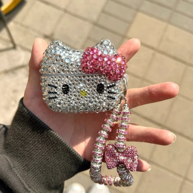 Cover per Cuffie Anime Sanrio Hello Kitty con Diamanti, Custodia Protettiva Wireless per iPhone AirPods, Cartone Animato Kawaii Anti-caduta