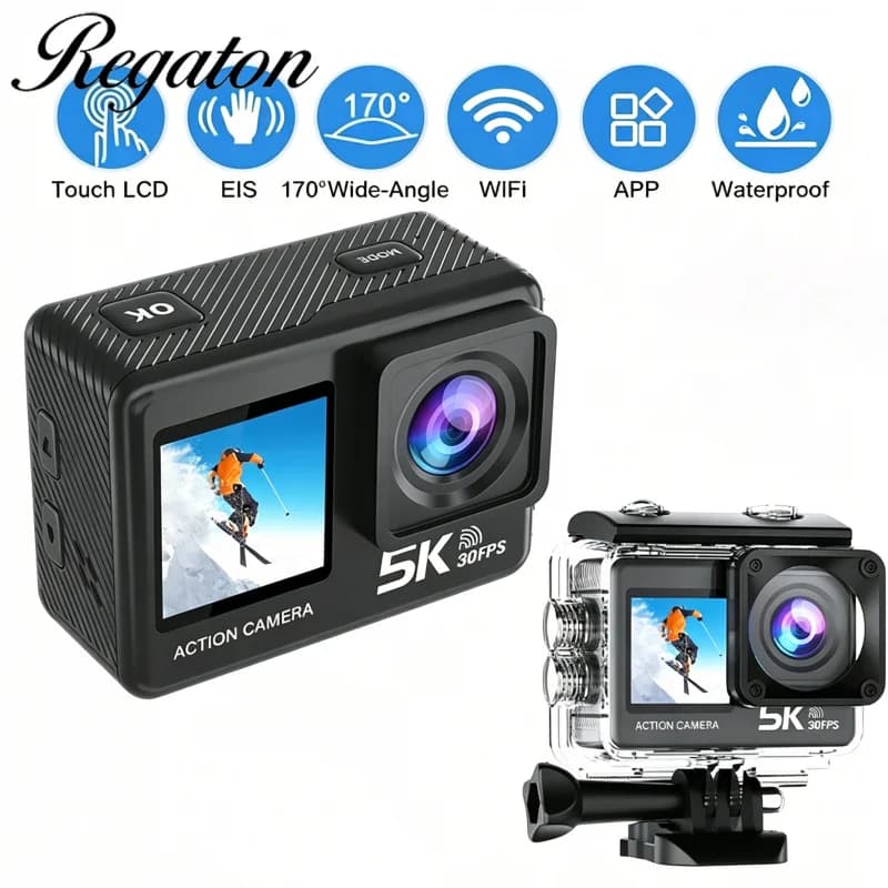 Action Camera Regaton 5K30fps 4K60fps 50MP con LCD Touch 2.0, EIS, DVR, Webcam, Doppio Schermo, Wi-Fi, Impermeabile fino a 30M, Zoom 5X, Videocamera Sportiva