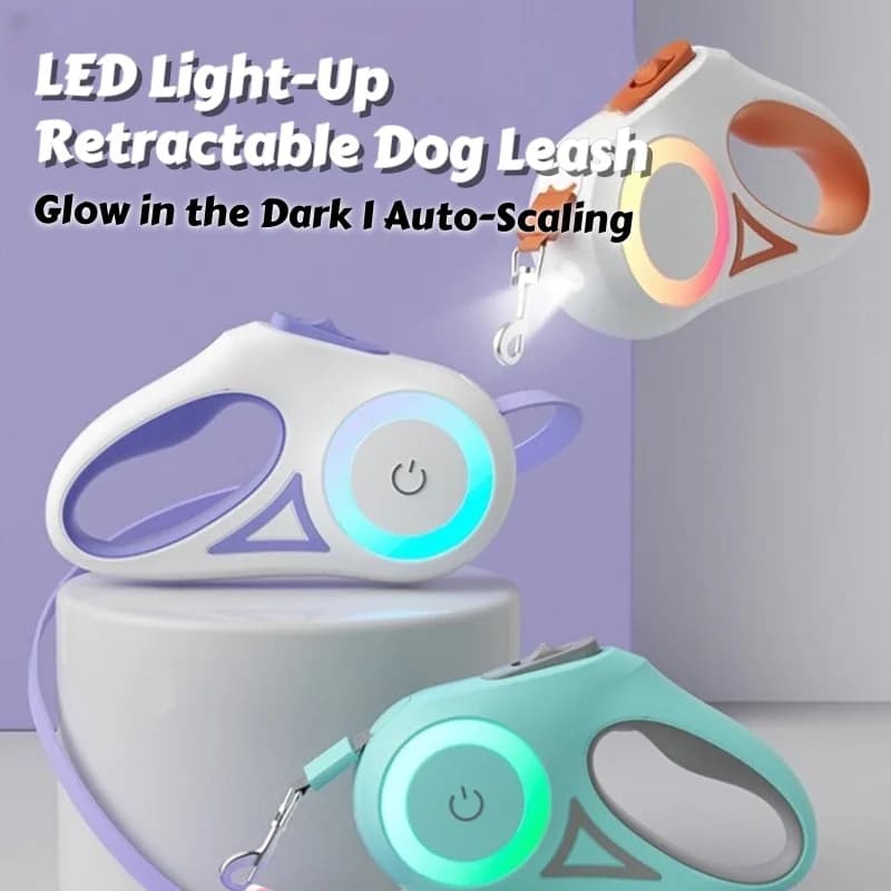 LED illuminated retractable dogs handle for small/medium races: automatic stop leash that lights in the dark with reflective strips
