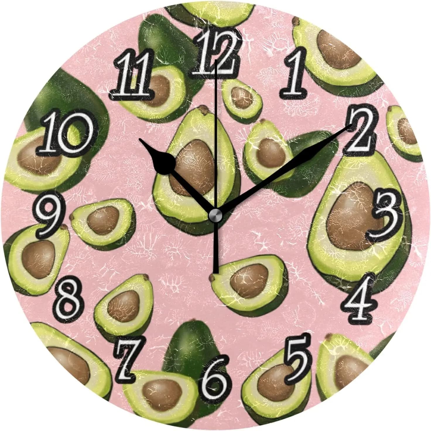Wall clock with avocado fruit on pink, silent, without ticking, easy to read round decorative wall clock with black hands for home office