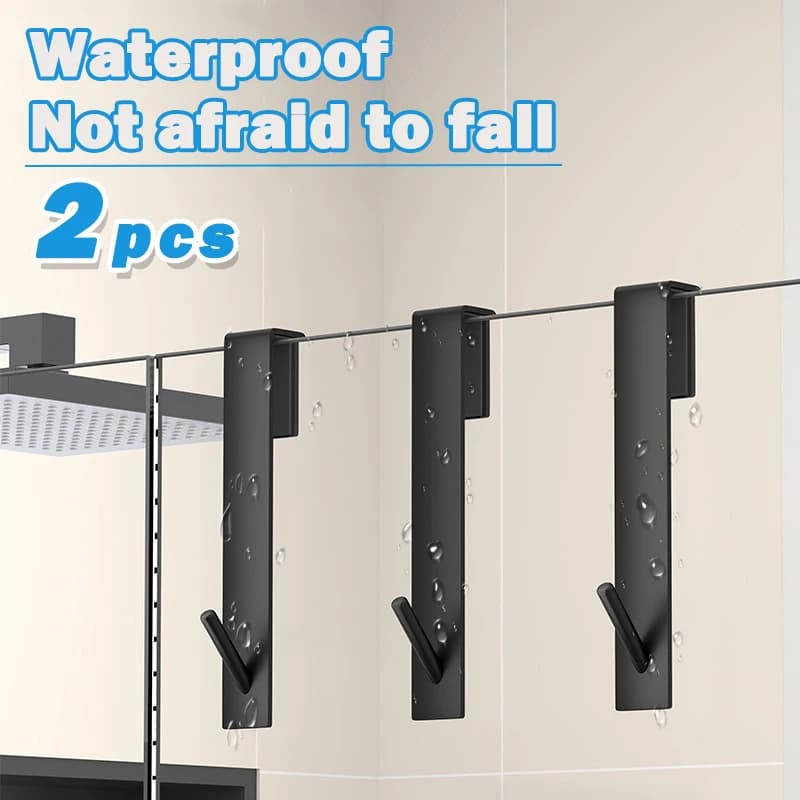 2pcs Bathrobe Hanger Shower Room Glass Over Door Hanging Hooks Punch-free Waterproof Towel Hanger Metal S-Shape Bath Towel Hooks