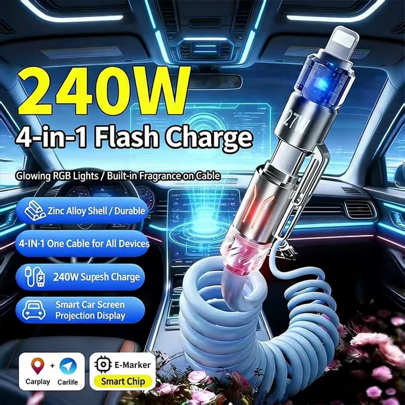 Cavo Dati per Auto 4 in 1 da 240W, 2m, in TPE, Ricarica Rapida con Effetto Luce RGB e Fragranza, Adatto per Trasmissione Dati 2026