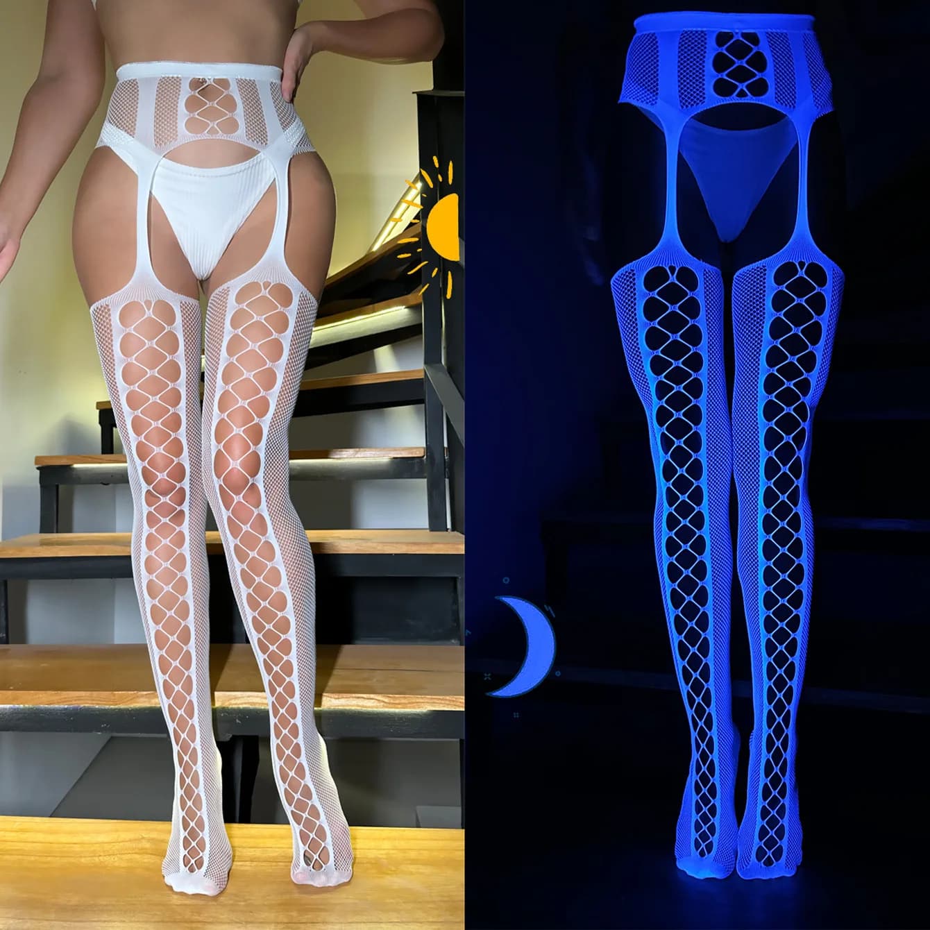 Collant con reggicalze in pizzo con ritaglio Miss Erotic Luminoso Rete da pesca sexy da donna con apertura sul cavallo Crotchless Donna Gamba calda