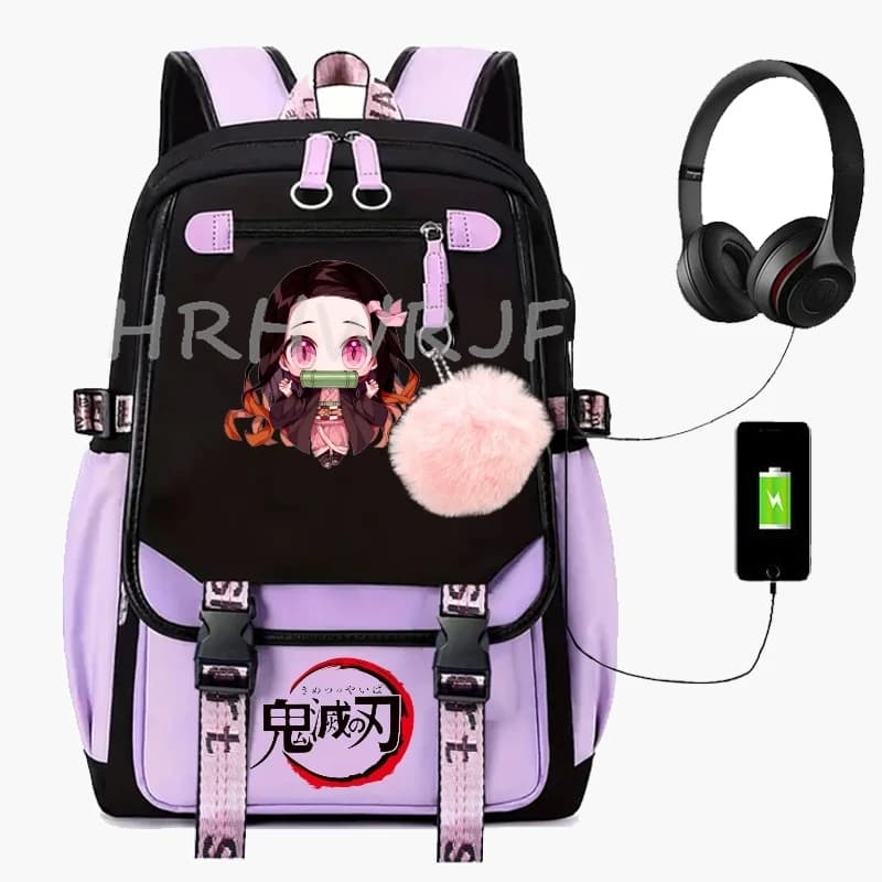 Anime Demon Slayer nezuko kamado Backpack USB Charge Capacity Laptop Students School Bags Sports Travel Casual Mochila Escolar