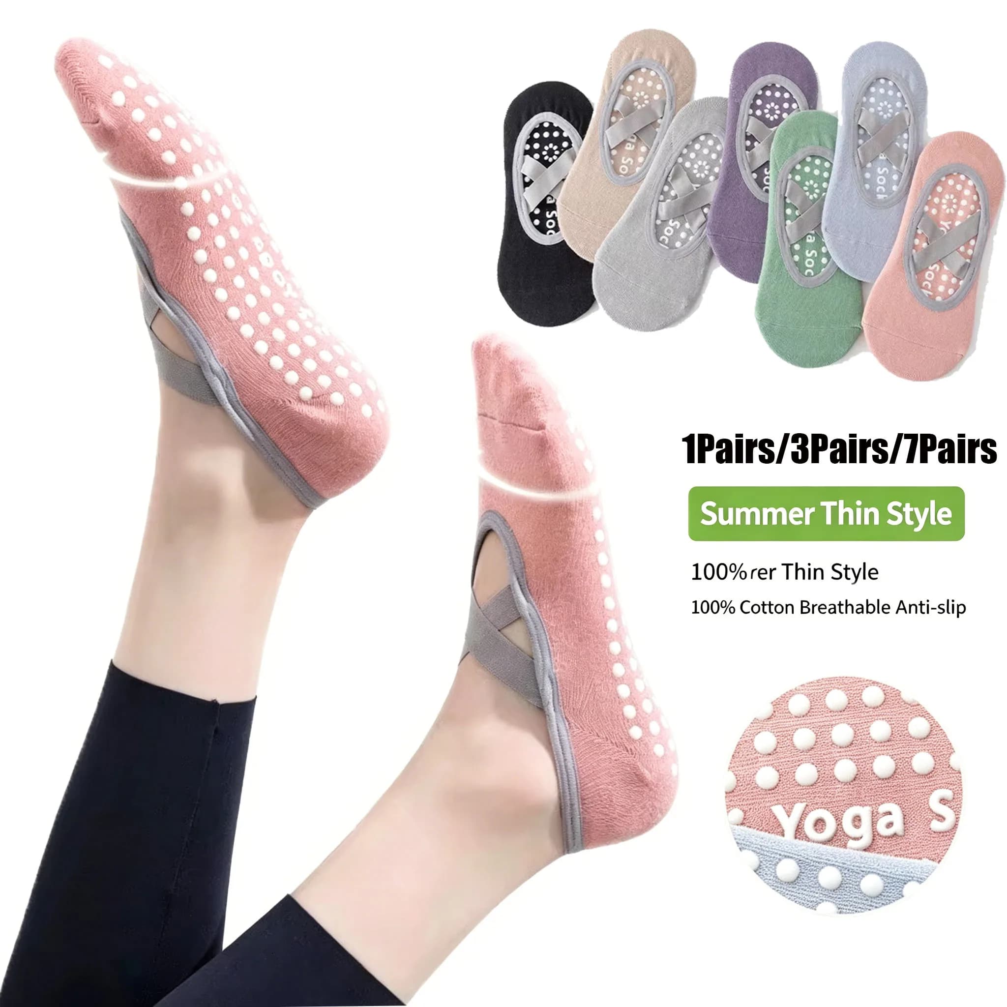 Multi-pack of Yoga Socks and Pilates for Women, Anti-slip Socks with Silicone Grips, Breathable Socks with Cross-Lengths for Dance and Training, 1/3/7 Paia