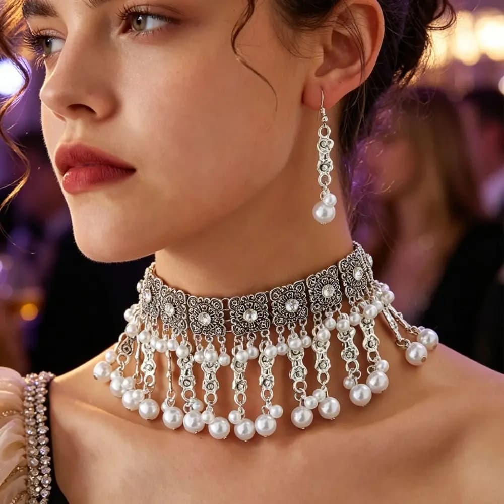 Baroque Women's Jewelry Set Water Drop Pendant Hollow Necklace Rhinestone Jewelry Set Earrings Long Tassels