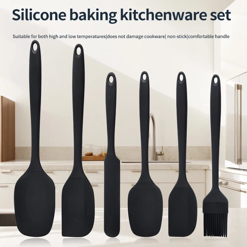 Set of 6-piece silicone kitchen utensils, cream scraper, spatula, oil brush, set of different sizes scrapers, cooking tool, not integrated into the tool body.