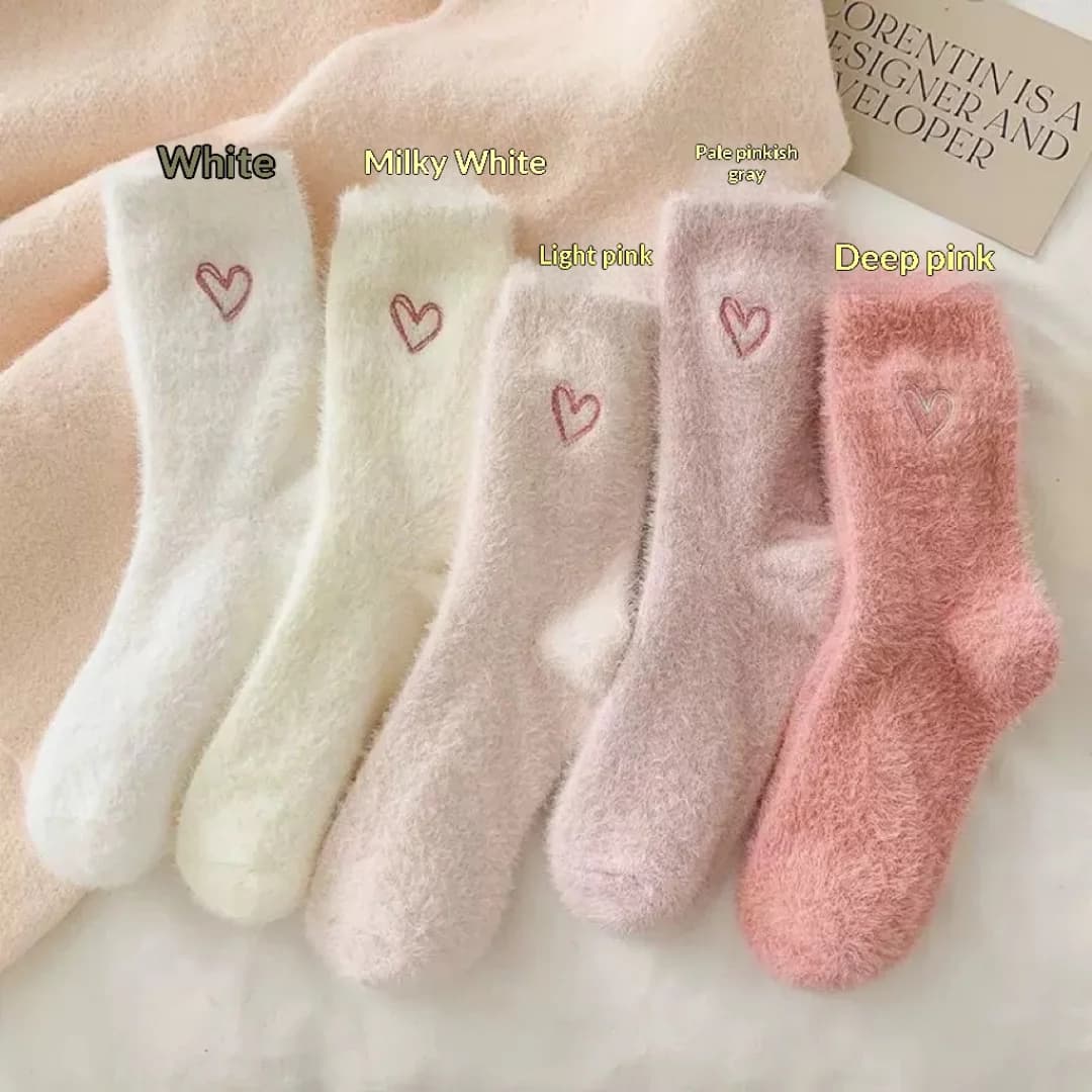 Winter socks with heart pattern from woman to mid calf warm synthetic fur plush thick thermal socks for sleeping long and cozy socks for the cold season