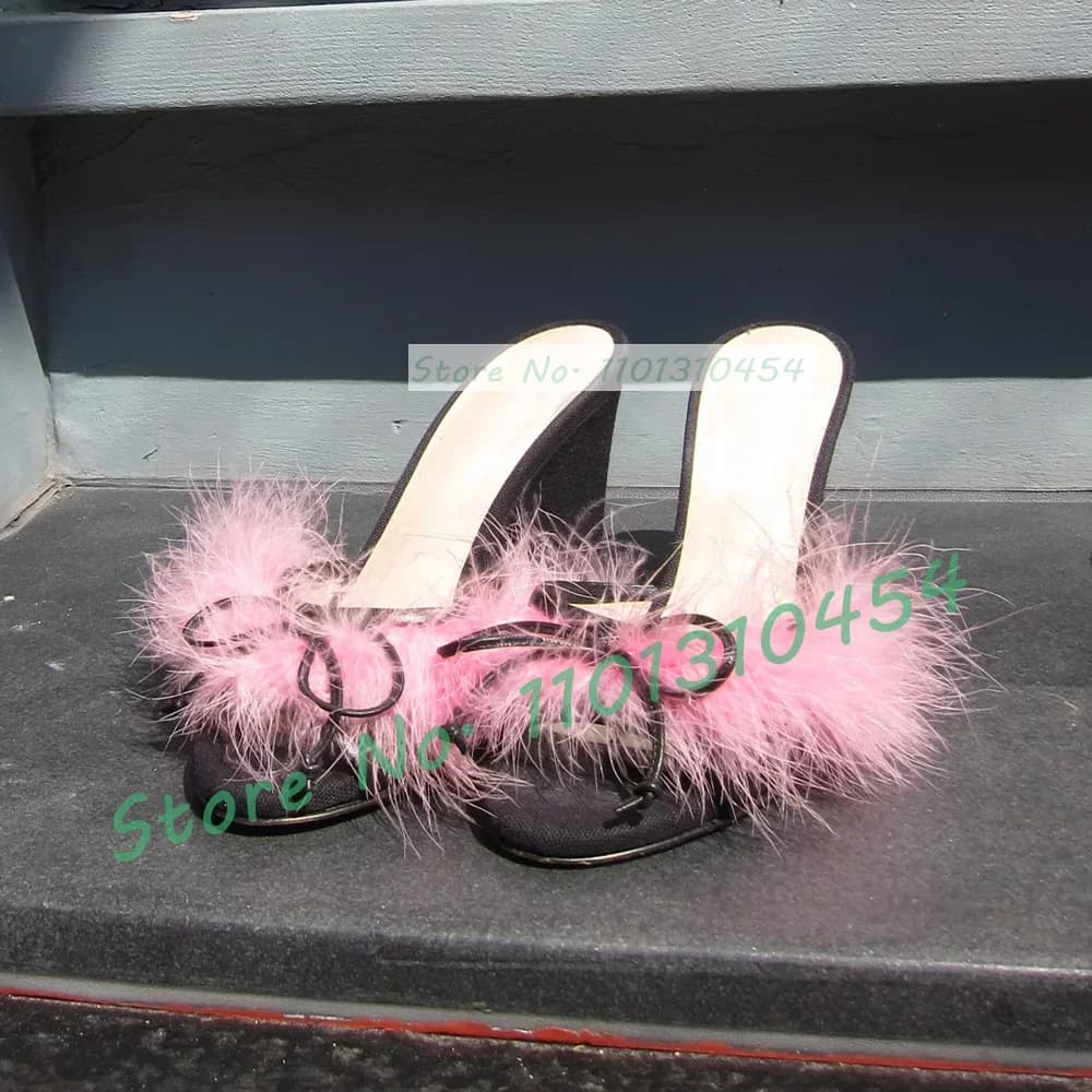 Adorabili pantofole con zeppa di piume con fiocco da donna eleganti scarpe eleganti estive multicolori muli di pelliccia rosa con punta aperta Casual da ragazza dolce