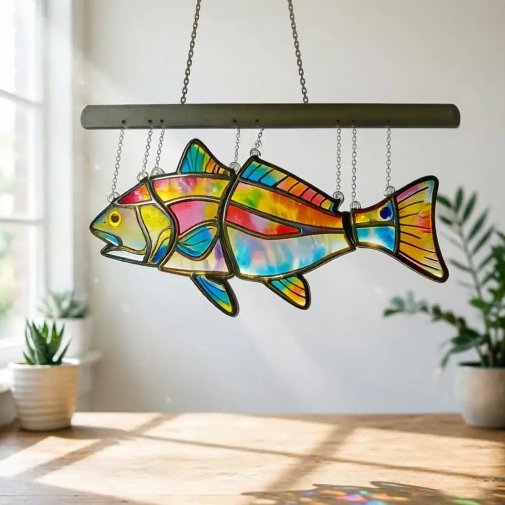 Handcrafted Acrylic Suncatcher Colorful Fish Suncatcher Window Hanging Panel Stained Glass Style Wind Chimes Indoor for Fish