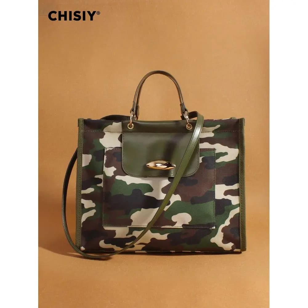 Original Military Green Large Tote Bag, High Capacity Handbag With PU Camouflage Patchwork, Fashionable Unique, Adjustable Shou