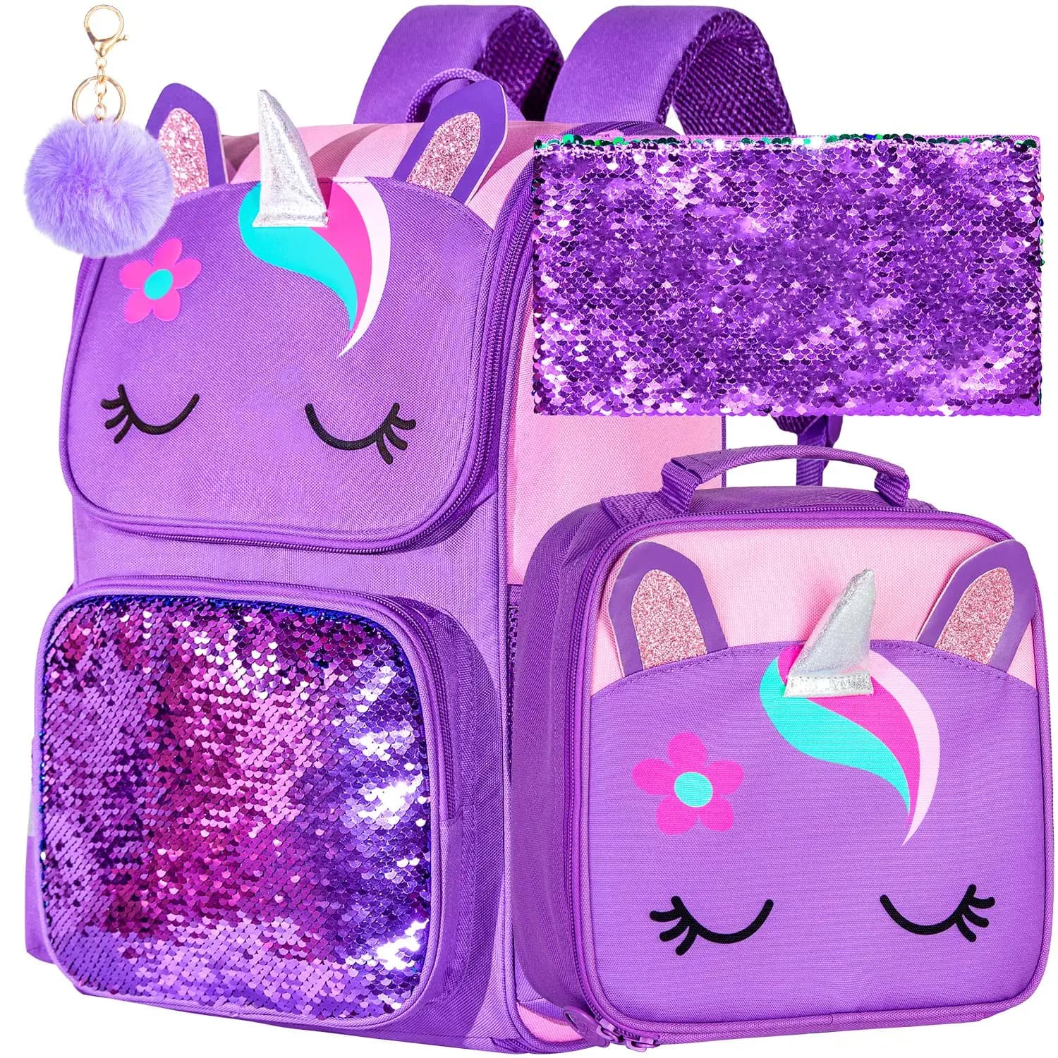 Zaino unicorno 3 pezzi, borsa per libri con paillettes per ragazze da 15 pollici con scatola per il pranzo, borsa da scuola per bambini viola per 2 elementari venduti