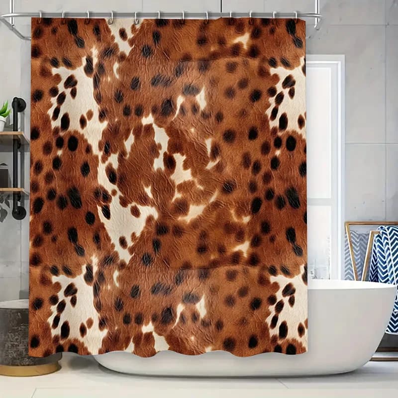 Tenda da doccia con stampa animalier Design leopardato bianco e marrone per l'arredamento del bagno Set tappetino da bagno impermeabile con 12 anelli a gancio (B)