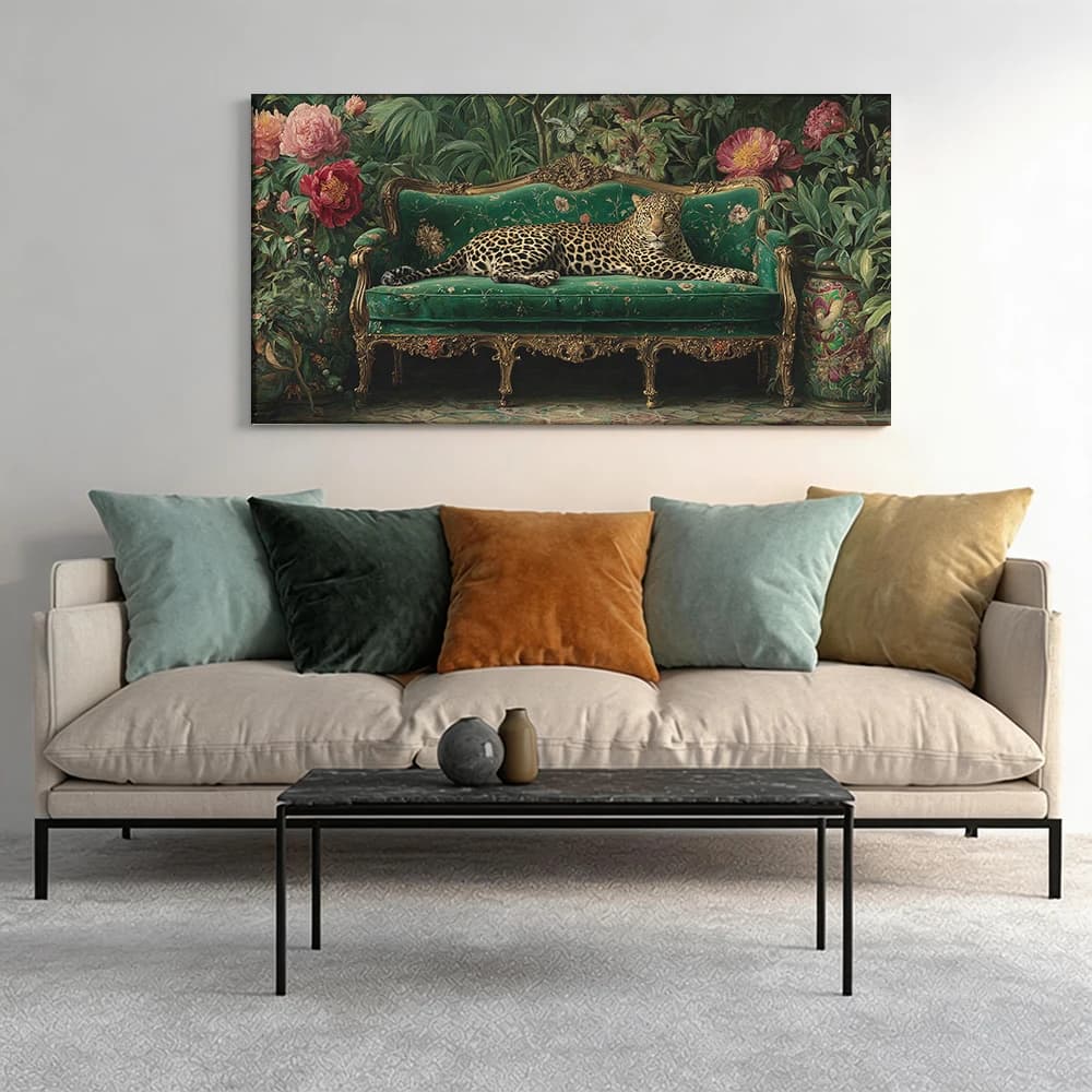 Painted on canvas with large wooden frame, 1 piece, Leopard on green velvet sofa.