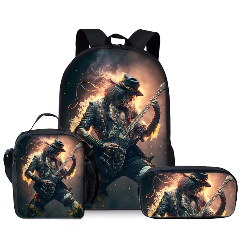 Lusso Popolare Divertente gioca alla chitarra Stampa 3D 3 pezzi / set Borse da scuola per alunni Zaino per laptop Zaino Borsa da pranzo a tracolla Astuccio