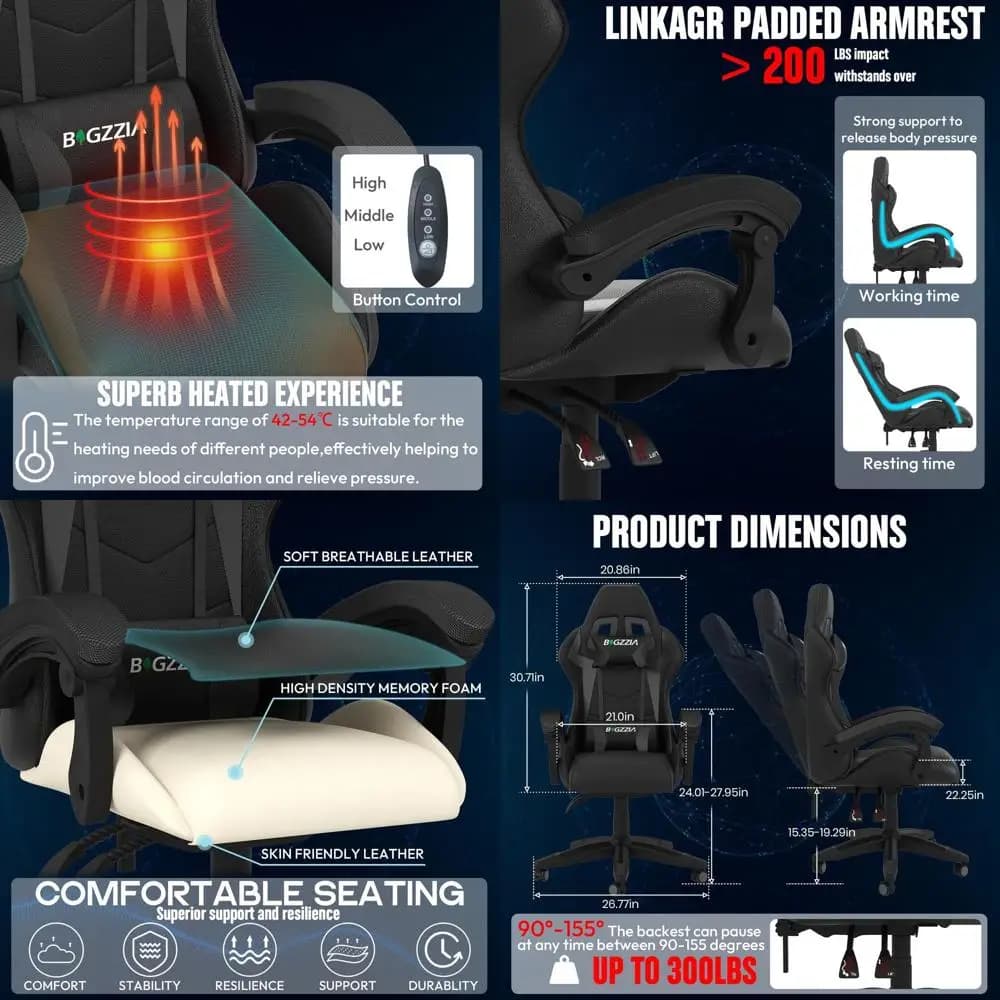 Sedia da Gaming Ergonomica con Cuscino Riscaldato, Supporto Lombare e Rotazione a 360° ° Girello per Adulti (Nero)
