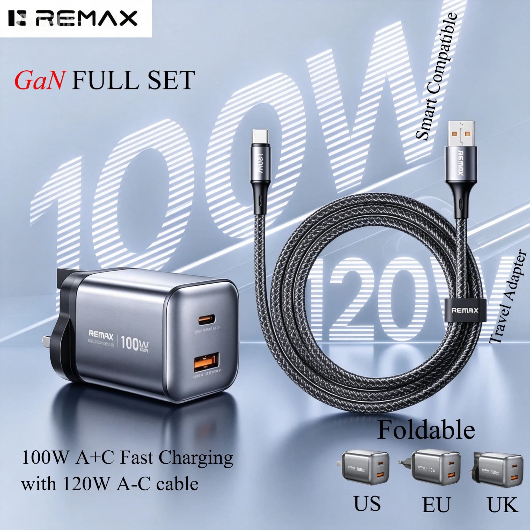 REMAX 100W GaN USB C Charger 2 Ports Foldable Travel Wall Adapter PD Fast Charging with 120W Cable for Laptop Phone Tablet