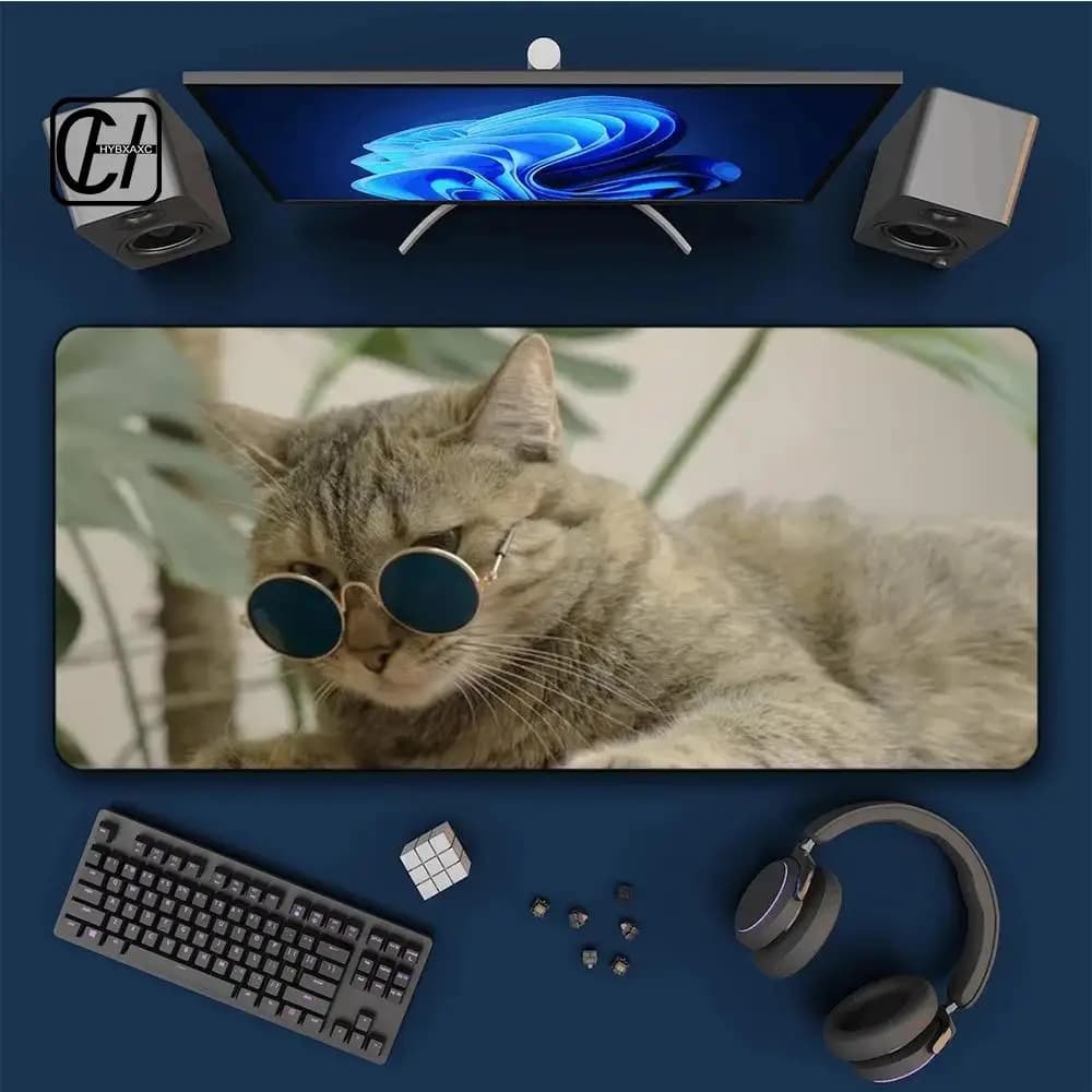 Tappetino per Mouse con Gatto che Indossa Occhiali, HD, Carino, Esteso, per Tastiera da Gaming, Grande 90x40cm XXL, per Giocatori