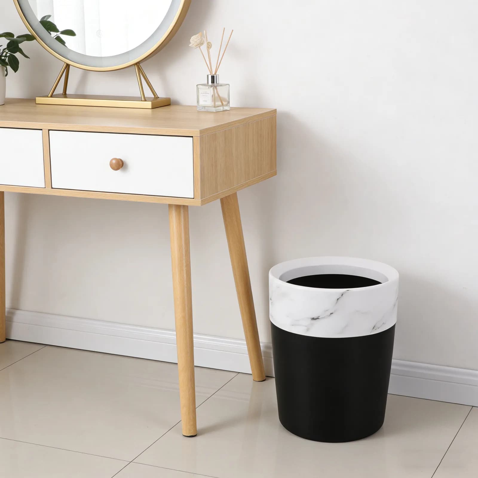 Marble Pattern Trash Can Large Capacity Plastic Garbage Bin Waterproof Decorative Waste Basket for Kitchen Living Room Bathroom