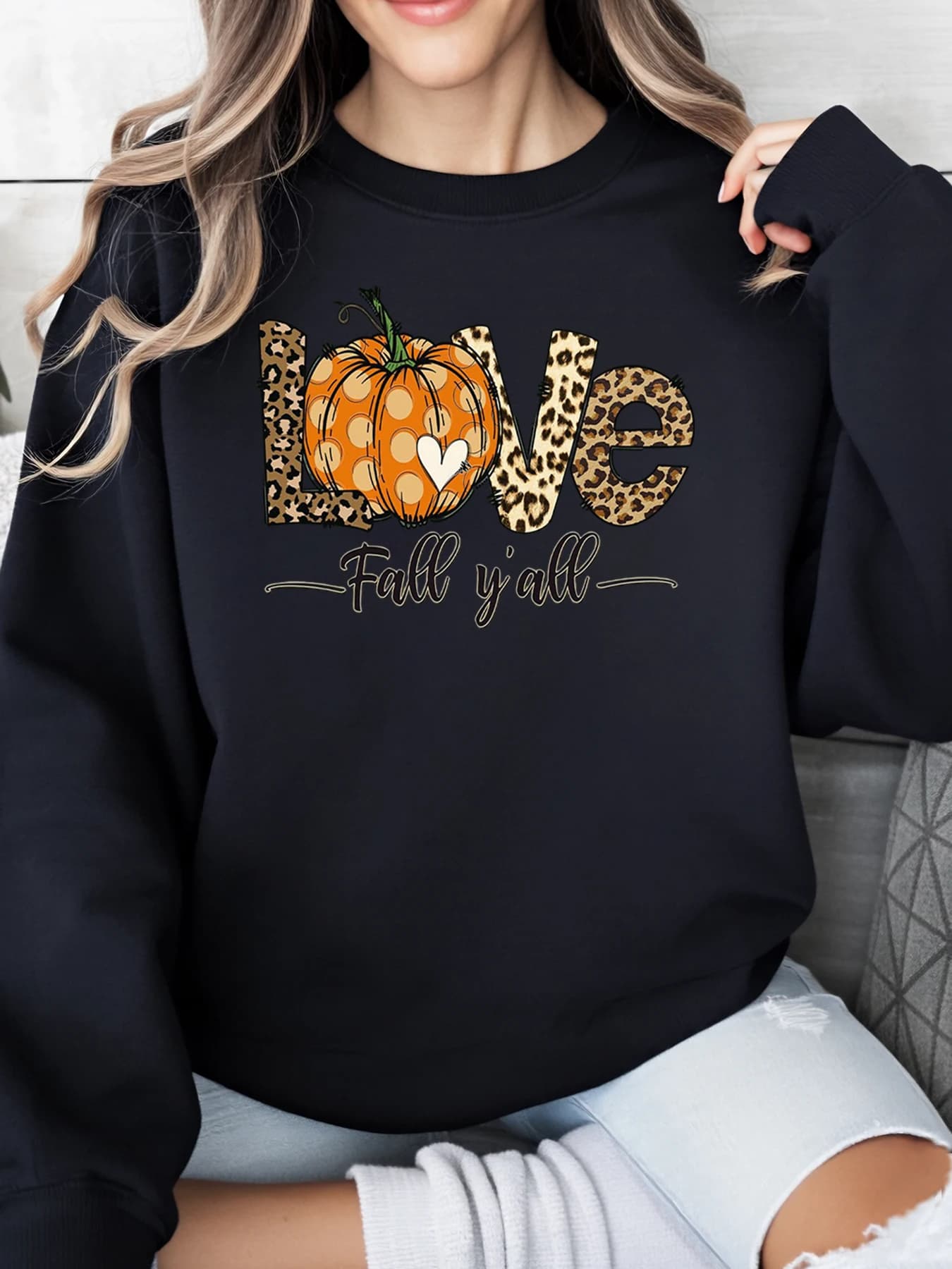 Autumn Yall Sweatshirt with Love Pumpkin Print Women Casual Clothing Season Autumn Black Plus Size