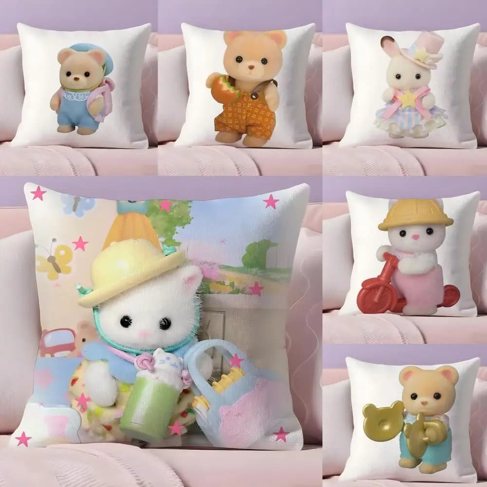 S-SylvanianS F-Families Fodera per cuscino carina Tessuto morbido divano stampato su due lati Fodera per cuscino regalo invernale caldo per la casa