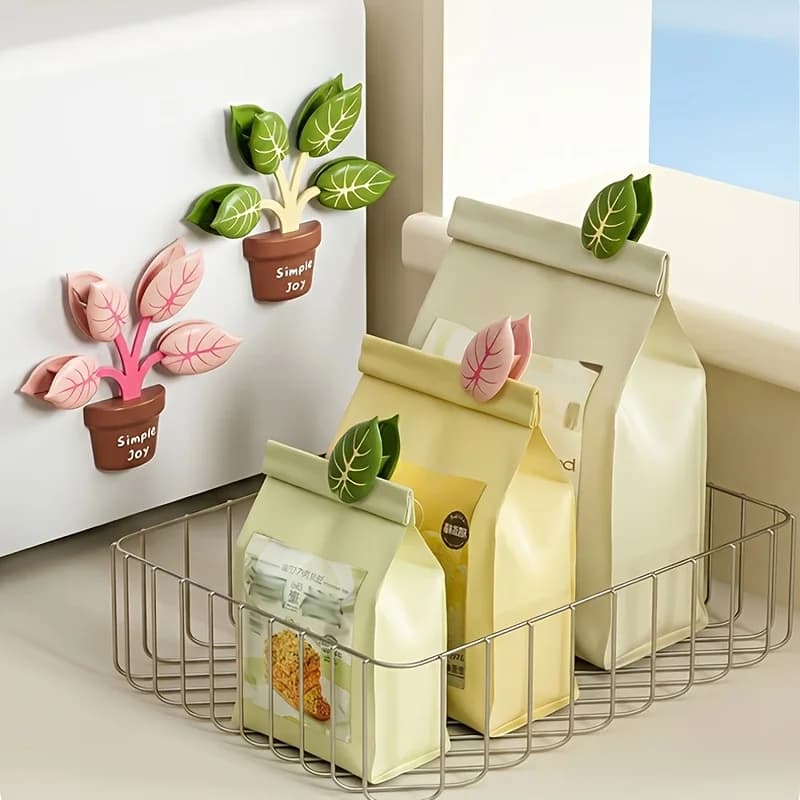 1set Green Plant Pot Magnet Closure Clip,Moisture-Proof And FreshnessPreserving Bag Clip,Refrigerator Sticker,Kitchen Small Tool