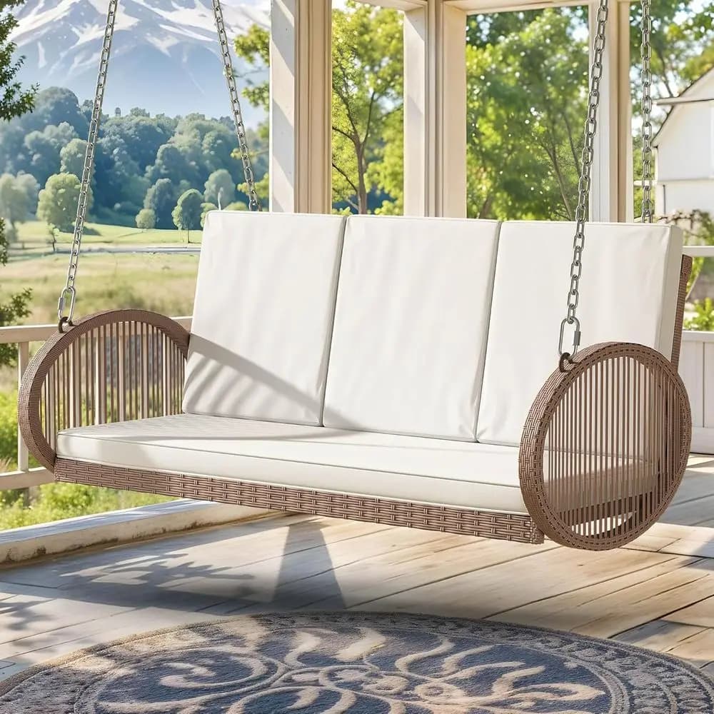 Dondolo a 3 posti in vimini con cuscini, sedia sospesa da esterno per patio, giardino, balcone (Beige)