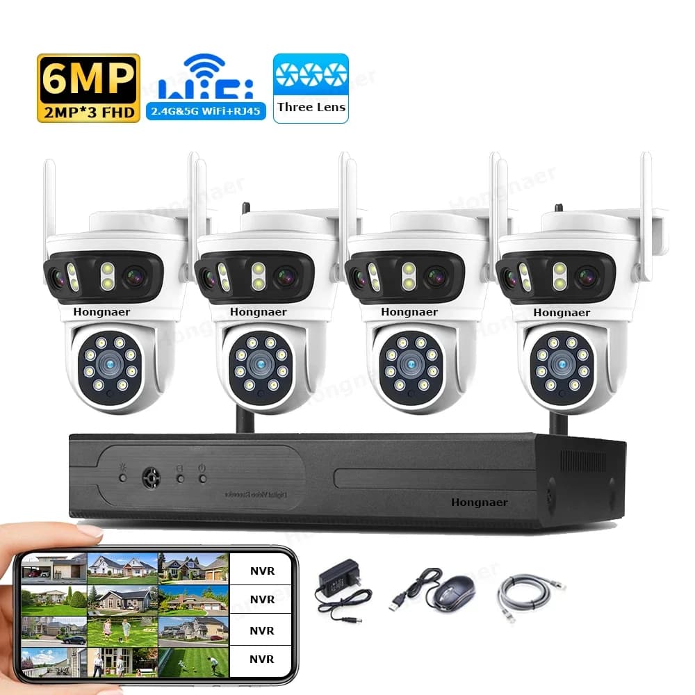 Kit Sistema di Videosorveglianza Domestica Hongnaer 2026 6MP 4CH 3 Lenti 2.4G 5G WiFi Eseecloud Wireless NVR IP CCTV