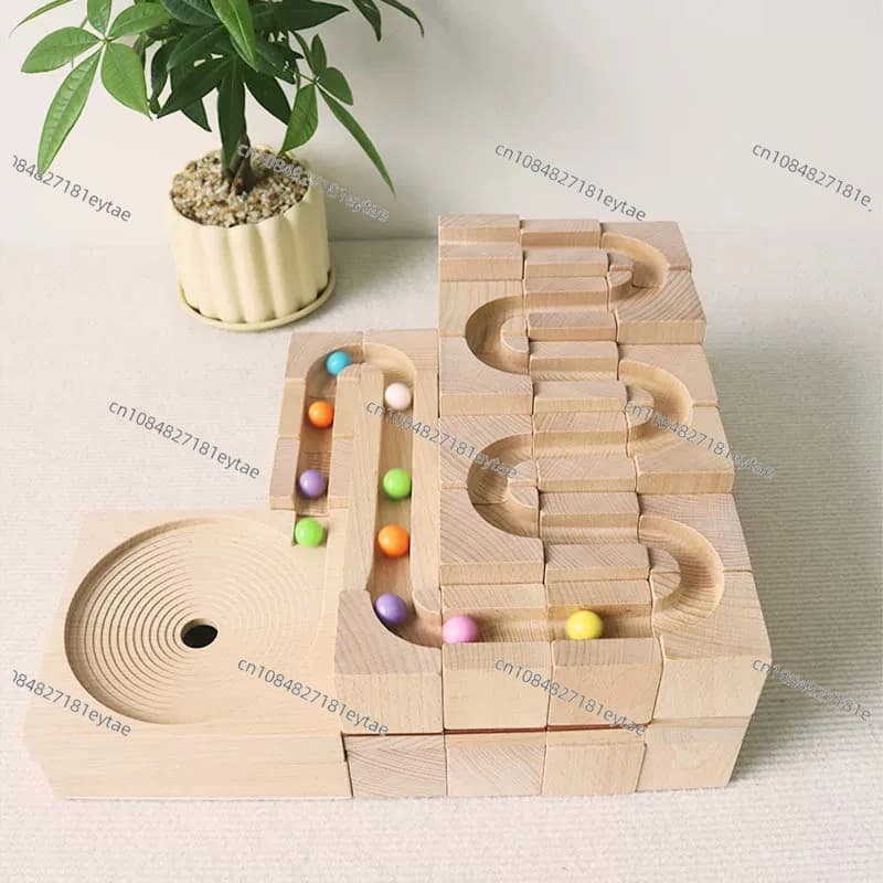 Children's early education educational toys beech solid wood sliding ball raceway building block marble track logic training