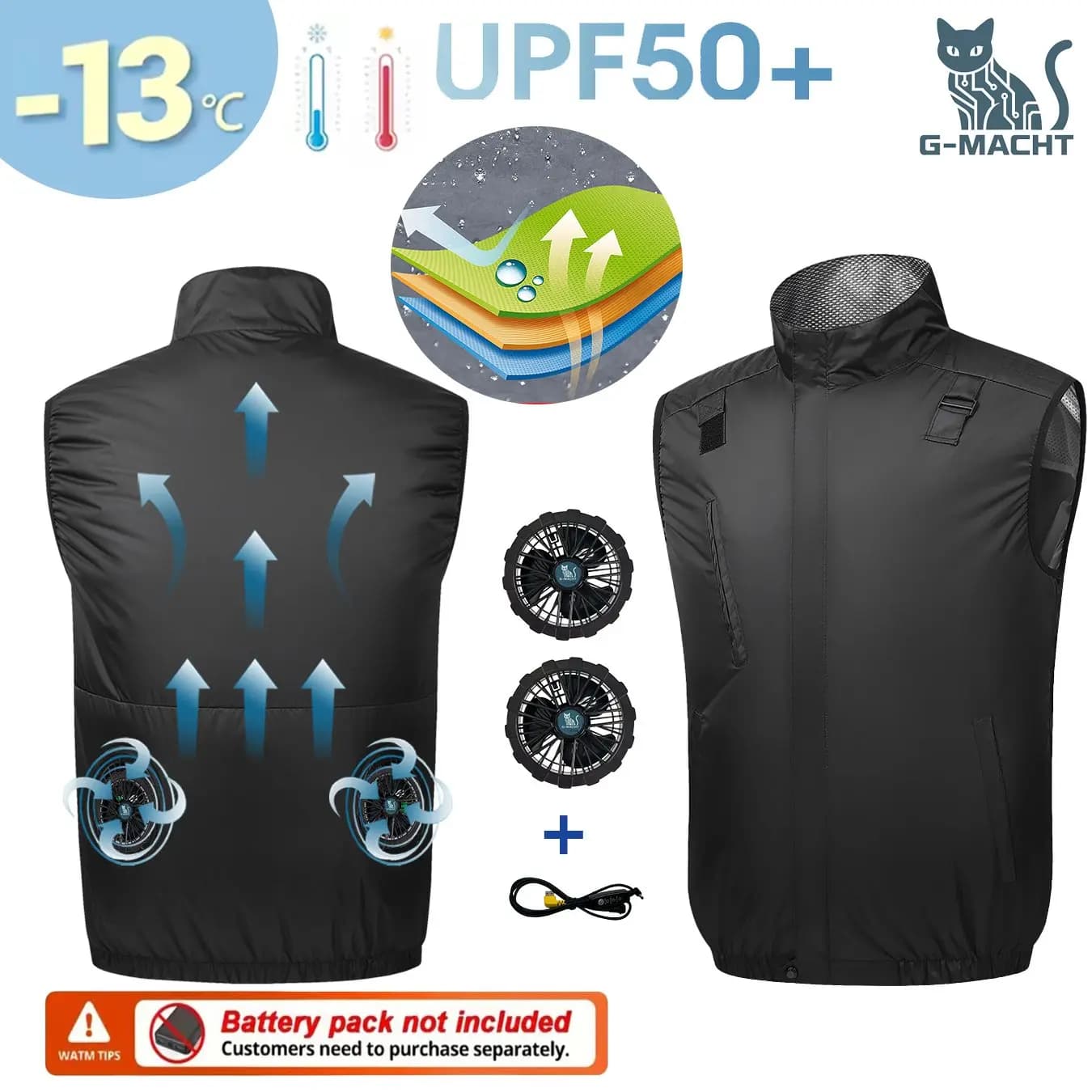 G-MACHT Gilet Rinfrescante USB da Uomo, Giacca a Maniche Corte con Climatizzazione, Abbigliamento Protettivo dal Calore per Pesca e Lavoro all'Aperto