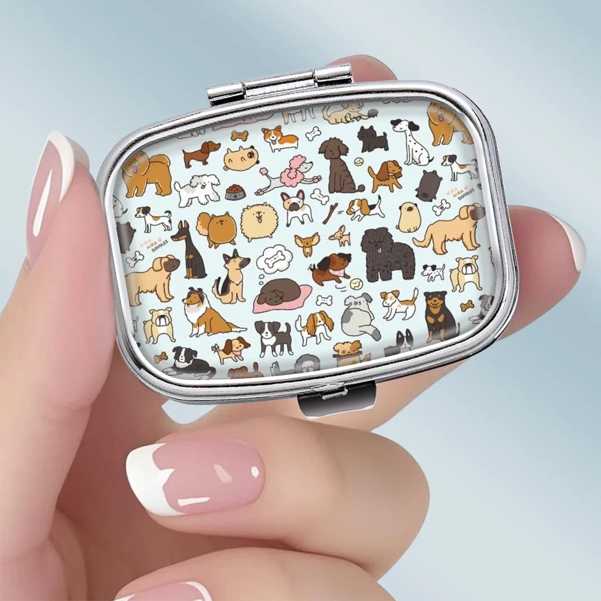 1 portable square metal pill box with cute dog pattern, designed to ease anxiety, featuring 2 compartments, perfect for storing medication, health supplements, vitamins, and small items.