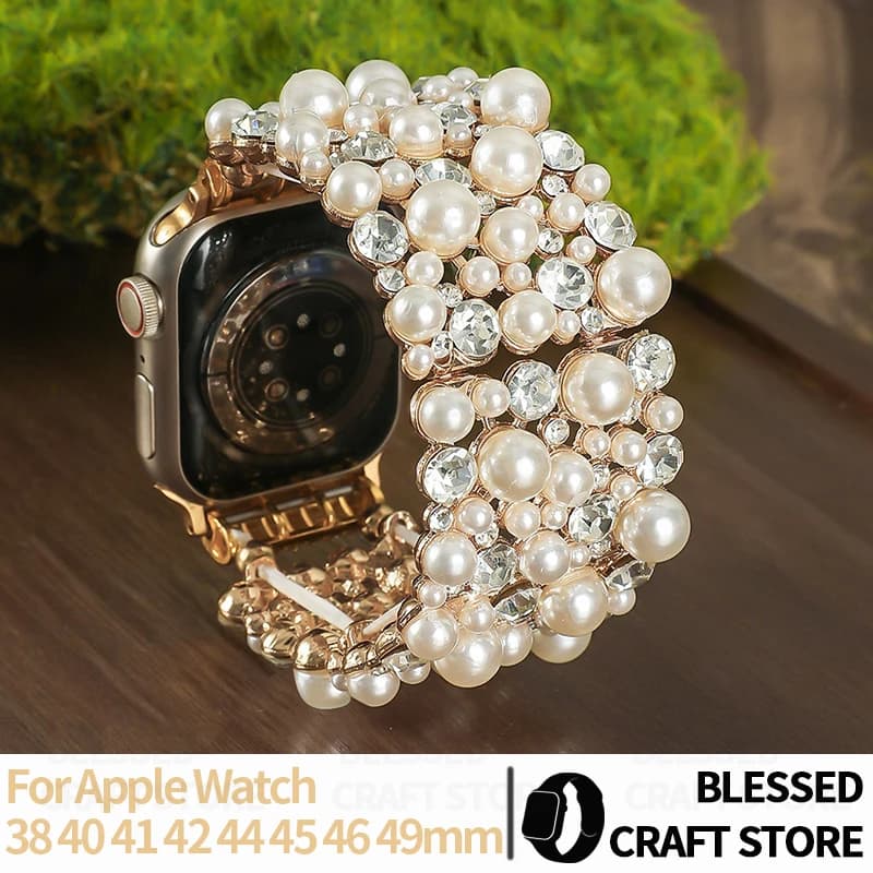 Pearl Rhinestone Bracelet Band for Apple Watch Series 11 10 9 8 7 6 5 Ultra2 Shiny Beaded Strap 38 40 42 44 45 46 49mm Wristband